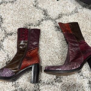 Vic Matie Burgundy and Brown Snakeskin Heeled Boots